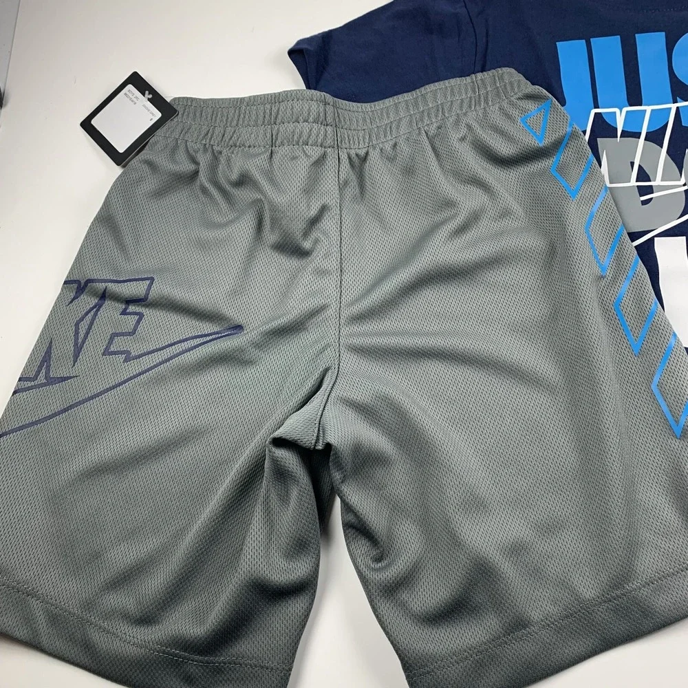 Nike Just Do It Boys 6 Gray Navy Blue Crew Neck Short‎ Sleeve Pullover 2-Pcs Set